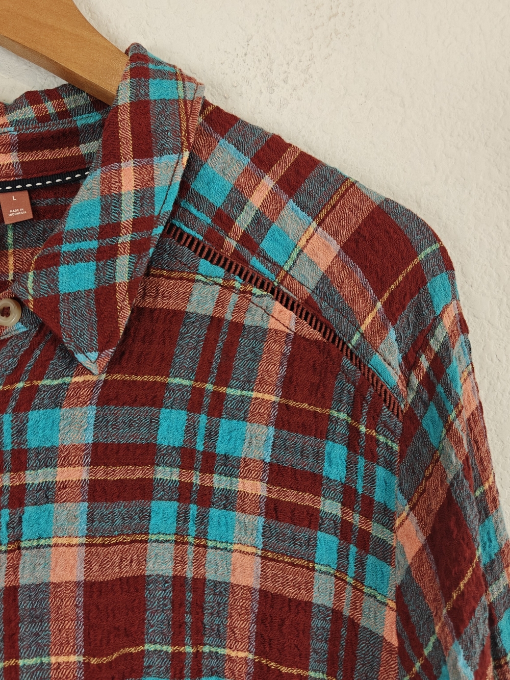 Pilcro Long Plaid Button-Down Shirt Dress in Burgundy and Teal - Picture 12 of 16